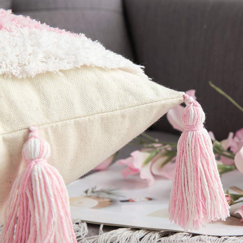  [AUSTRALIA] - MIULEE Decorative Throw Pillow Cover Tribal Boho Woven Tufted Pillowcase with Tassels Super Soft Rectangle Pillow Sham Pillowcase Cushion Case for Sofa Couch Bedroom Car Living Room 12x20 Inch Pink 12''x20''