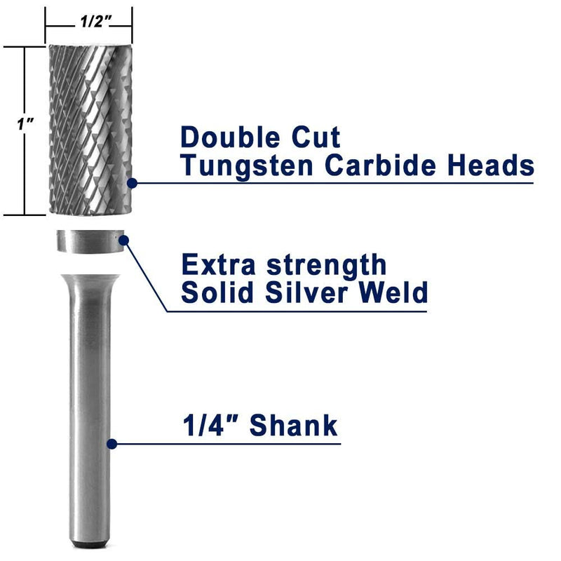 YUFUTOL SA-5 Tungsten Carbide Burr Cylinder Shape Double Cut Rotary Burr File(1/2” cutter Dia X 1”Cutter Length) with 1/4'' Shank dia,Pack of 1 - LeoForward Australia