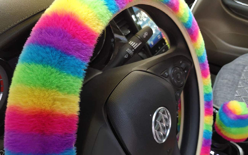 [AUSTRALIA] - ixiton 3Pcs/Set Fashion Faux Wool Fur Furry Steering Wheel Cover,Short Hair Soft Fluffy Handbrake Cover,Gear Shift Cover,Universal Thickening Fuzzy Warm Non-Slip Auto Interior (Manual,Rainbow) Manual Rainbow