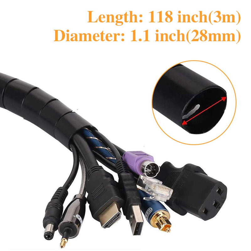 [AUSTRALIA] - Black Spiral Winding Cable Management Pipe Wire Wrap Line Coiled Tube, Flexible Cord Covered Protective Bundler Sleeve Hose for Office, Computer, TV, and Car (Length 10ft- Dia 1.1inch)