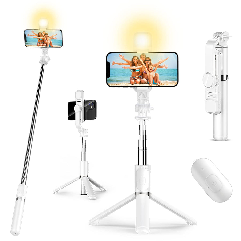  [AUSTRALIA] - Ambertronix 40" Lighted Selfie Stick Tripod, Removable Bluetooth Remote, 3 Light Modes, 6 Brightness Levels, Lightweight, Portable, Compatible with All iPhone & Android Devices, White (2022Upgrade)