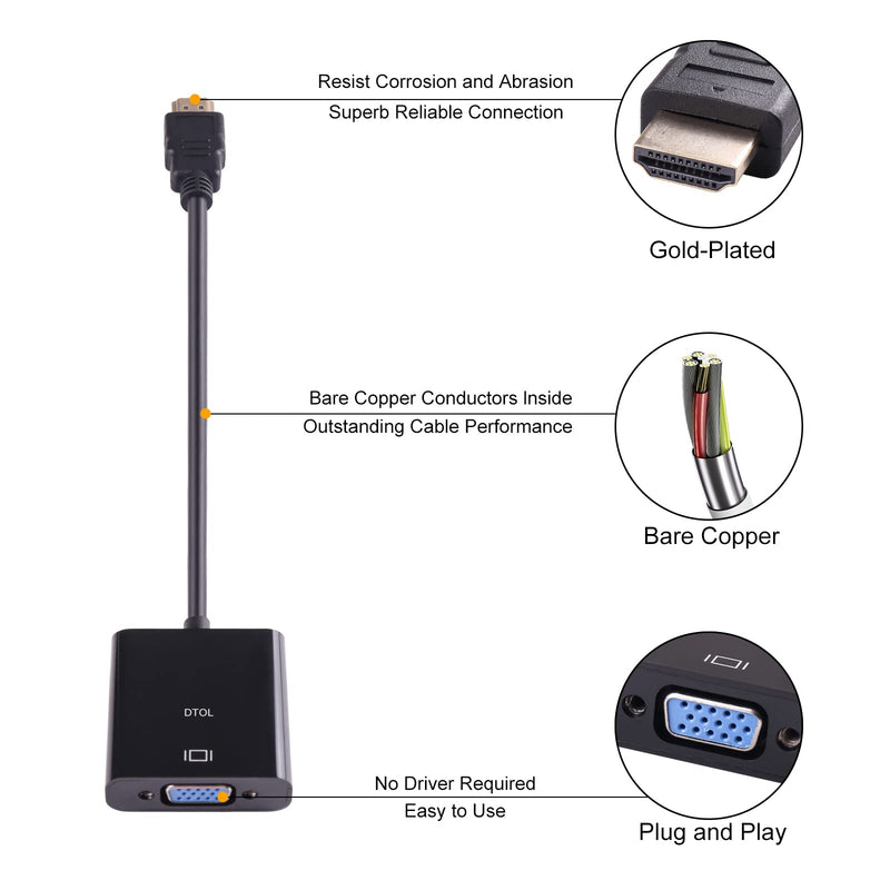  [AUSTRALIA] - DTOL HDMI to VGA, Gold-Plated HDMI to VGA Adapter (Male to Female) for Computer, Desktop, Laptop, PC, Monitor, Projector, HDTV, Chromebook, Raspberry Pi, Roku, Xbox and More - Black
