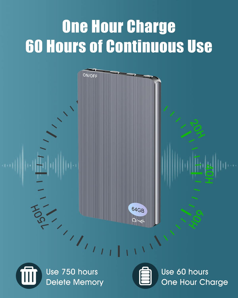 [AUSTRALIA] - 64GB Voice Recorder - Yegcaw Voice Activated Recorder Audio Recorder 750 Hours Recording Capacity Recording Device MP3 Feature with 60 Hours Battery Time for Work,Lectures, Meetings, Interviews Grey