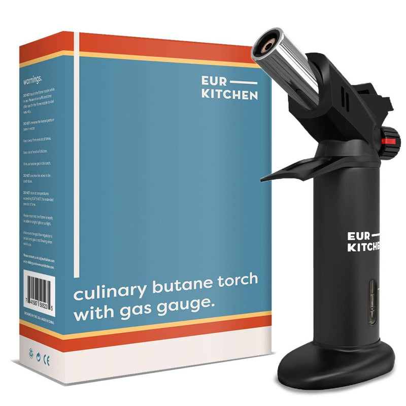  [AUSTRALIA] - EurKitchen Butane Culinary Kitchen Torch - Fuel Not Included - Refillable Food Blow Torch for Creme Brulee and to Sear Steak, Fish - Kitchen Lighter Tool for Cooking with Finger Guard (w/Fuel Gauge)