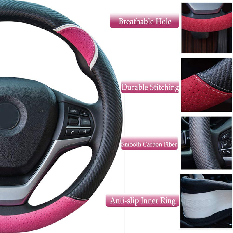  [AUSTRALIA] - Alusbell Cute Carbon Fiber Steering Wheel Cover Synthetic Leather Auto Car Steering Wheel Cover for Women 15 Inch (Black) Black