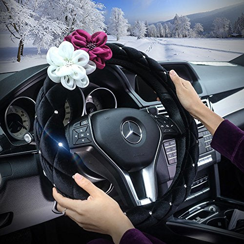  [AUSTRALIA] - selani Advanced Elegant Flower Rhinestone Car Steering Wheel Cover Wrap Car Interior Trim(Velvet Black)