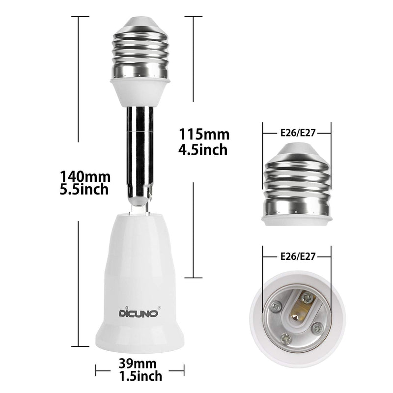  [AUSTRALIA] - DiCUNO E26 4.5 Inch/11.5CM Extension Socket Extender Adapter, E26 to E26 Adjustable Extension, Flexible Medium Light Bulb Socket Converter, 180 Degree Bendable (2-Pack) 2