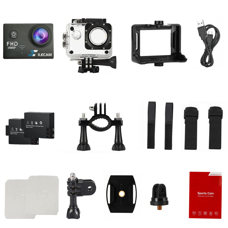  [AUSTRALIA] - Action Camera 1080P 30fps, WiFi Sports Camera HD 2.0 Inch Action Camera 40m/131ft Underwater Waterproof Snorkel surf Camera with 2 Batteries, Wide-Angle Lens andMulti-Function Accessory Bag