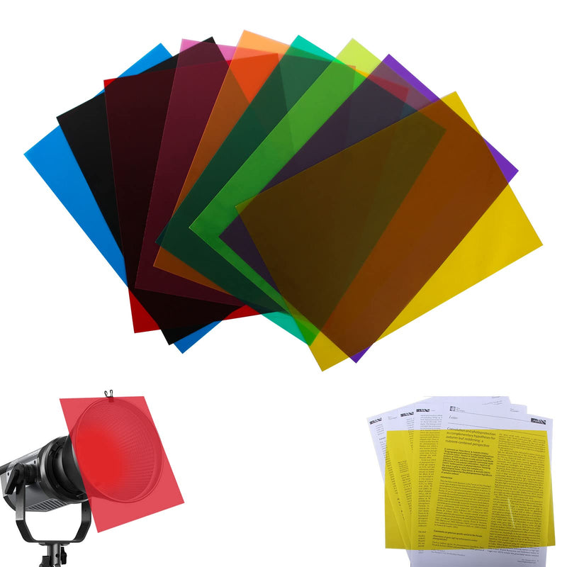  [AUSTRALIA] - 9 PCS Gel Filter Transparent Color Correction Gel Light Filter Sheet Colored Overlays Transparency Film Plastic Sheet(9 Colors), 11.7 by 8.3 Inches, Suitable for Outdoor Landscape, Photography