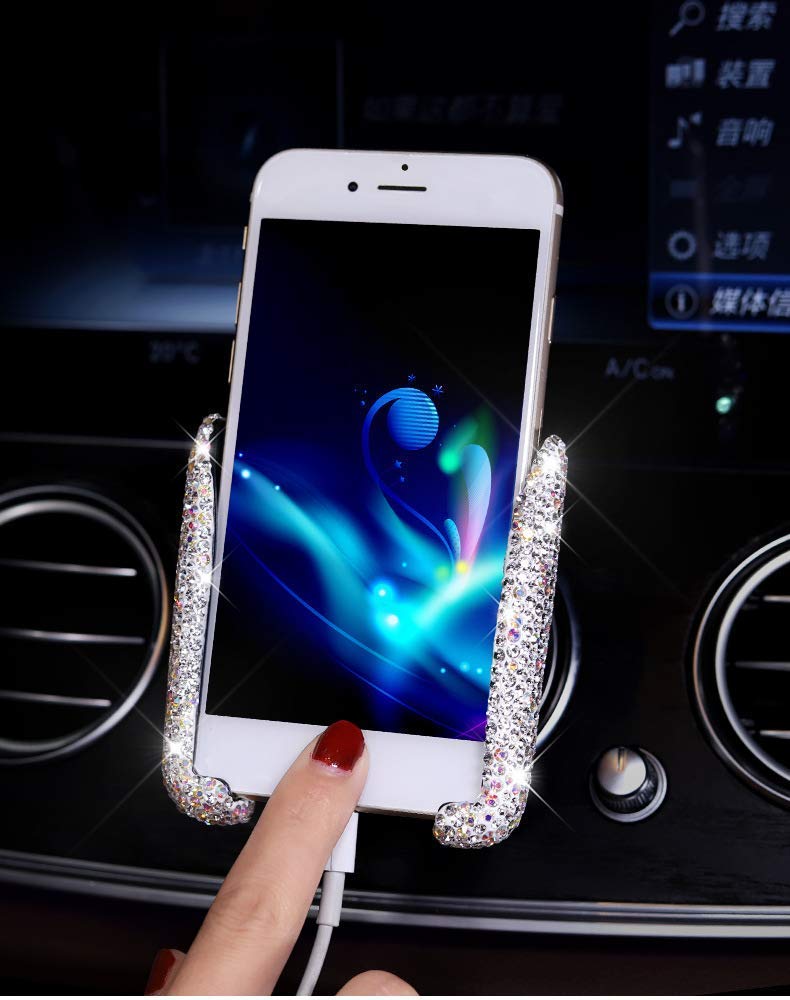  [AUSTRALIA] - SUNCARACCL Bling Car Phone Holder Mini Dash Air Vent Automatic Phone Mount Universal 360°Adjustable Crystal for Women and Girls (White) White