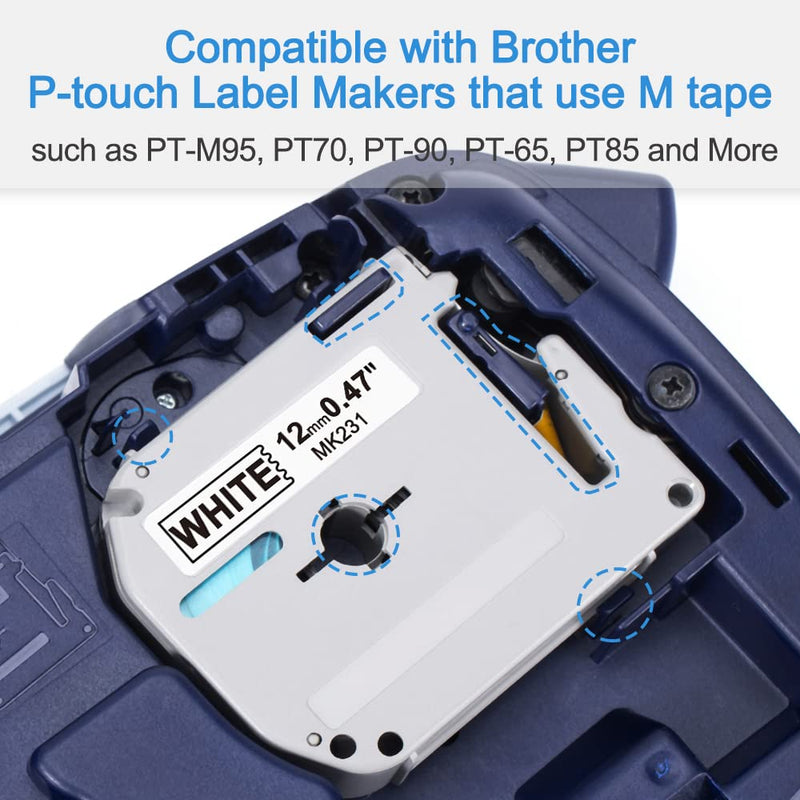  [AUSTRALIA] - 8 Pack Labelife M-K231 Compatible Label Tape Replacement for Brother P Touch M Tape M231 MK231 M-231 M-K231S 12mm 0.47 Inch, for Brother PTouch PT-M95 PT-85 PT-75 PT-65 Label Makers, Black on White 8