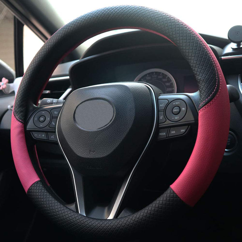 SHIAWASENA Car Steering Wheel Cover, Leather, Universal 15 Inch Fit, Anti-Slip & Odor-Free (Black&Rose Red) Black&Rose Red - LeoForward Australia