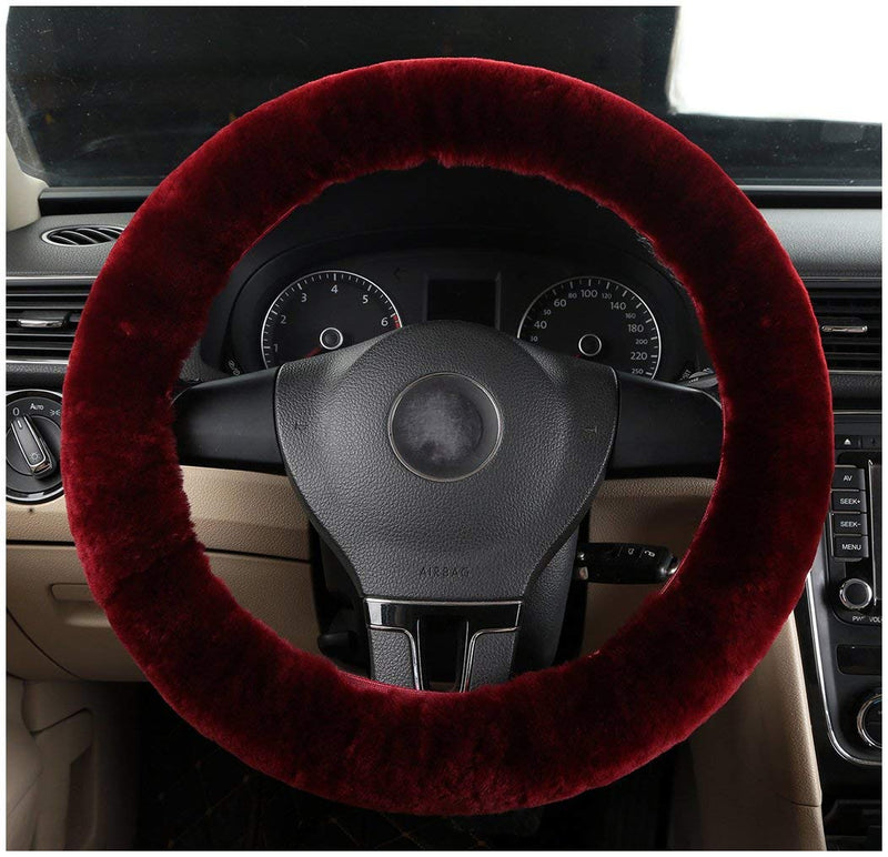  [AUSTRALIA] - MLOVESIE Universal Genuine Wool Sheepskin Univeral Car Vehicle Steering Wheel Cover Car Wheel Cushion Protector Available for 35cm-49cm Steering Wheel in Diameter Wine Red