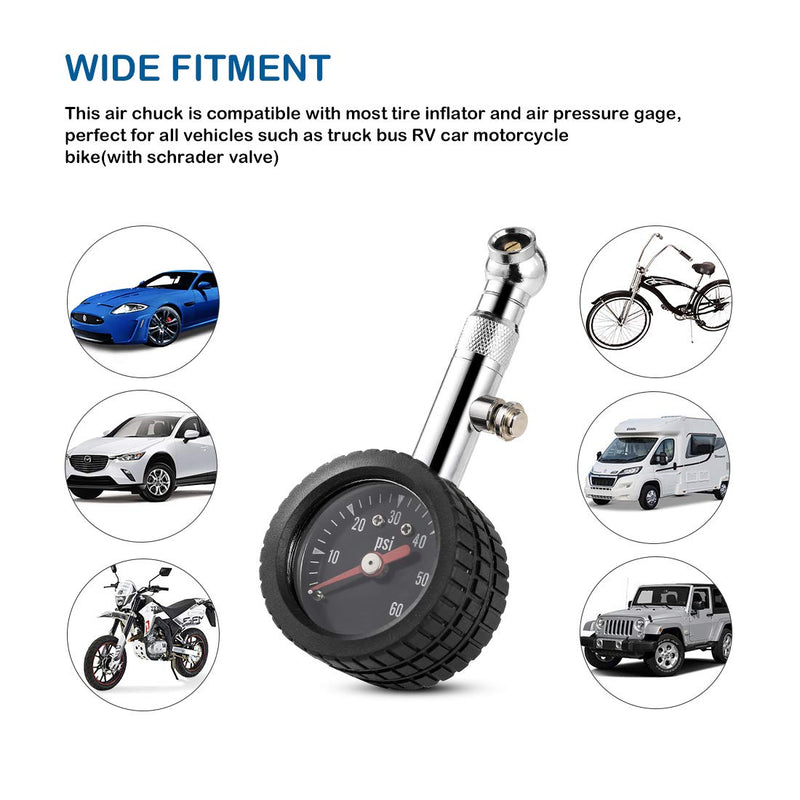 CZC AUTO Heavy Duty Tire Pressure Gauge, ANSI B40.1 Accurate Mechanical Air Gage, Chrome Plated Brass Stem Rotating Single Chuck Dial Wheel Pressure Tester for Motorcycle Bike Car RV Bicycle, 0-60PSI - LeoForward Australia