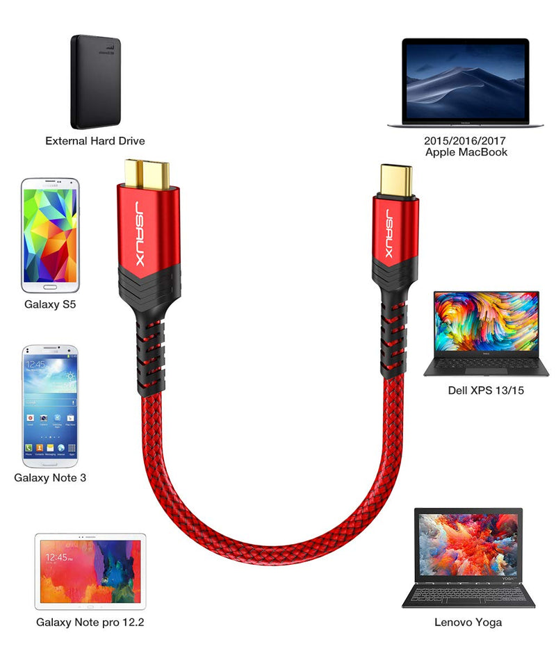  [AUSTRALIA] - JSAUX USB C to Micro B Cable, 2 Pack (1ft+3.3ft) Type C to Micro B Hard Drive Cable Nylon Braided Cord Compatible with Toshiba/Seagate/WD External Hard Drive, MacBook pro and Galaxy S8/S9/S10, etc 1ft+3.3ft Red