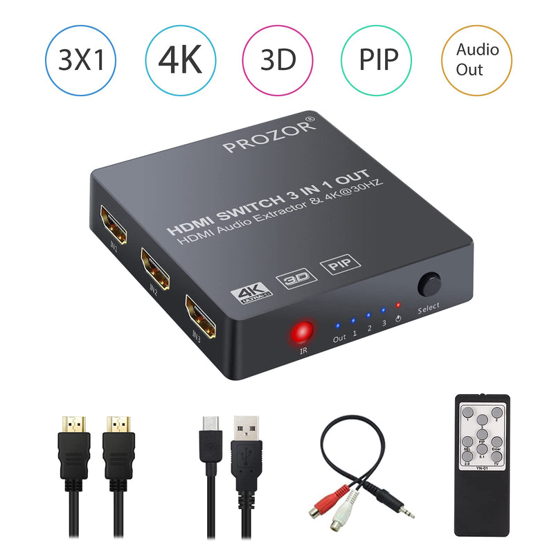 [AUSTRALIA] - 3x1 HDMI Switch with Audio Extractor, Proster 3 Port 4K HDMI Switcher HDMI Audio Converter Include PIP IR Remote and 3.5mm Male to 2 RCA Female Stereo Audio Cable