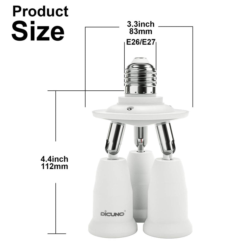  [AUSTRALIA] - DiCUNO 3 in 1 E26 Light Socket Splitter Adapter, Standard Base LED Bulb Converter, 360 Degrees Adjustable 180 Degree Bendable, 3 Way Bulbs Socket Holder 3 in 1 E26 Socket