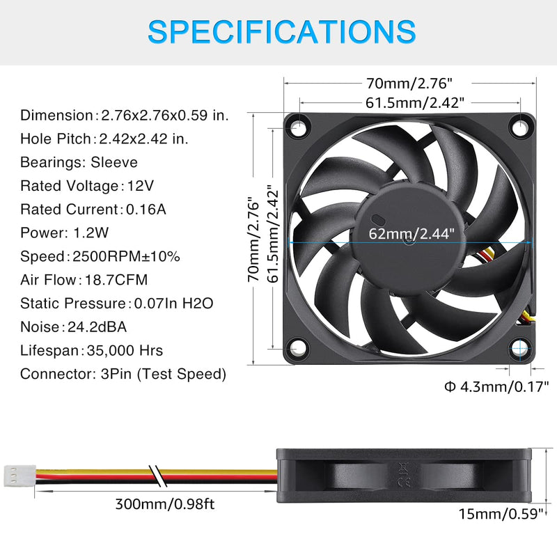  [AUSTRALIA] - GDSTIME 70mm x 70mm x 15mm 12V 3PIN DC Brushless CPU Cooler Fan