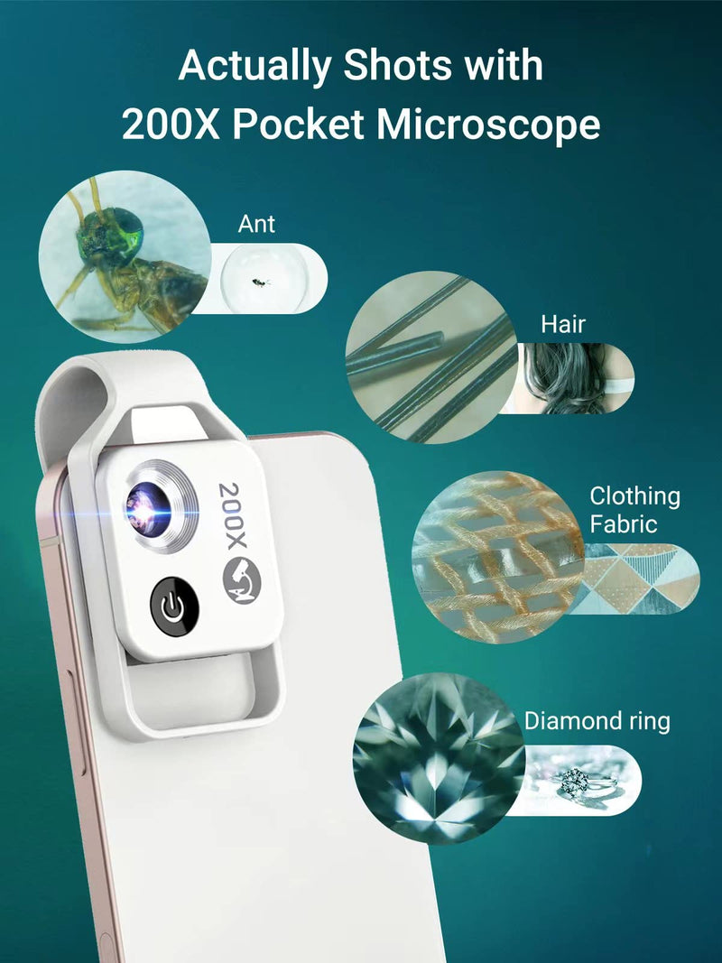  [AUSTRALIA] - FKN Phone Microscope Attachment 200X, Mini Pocket Microscope with CPL iPhone Camera Lens Attachment Coin Microscope with Universal Clip Fits for All Smartphone (White) White