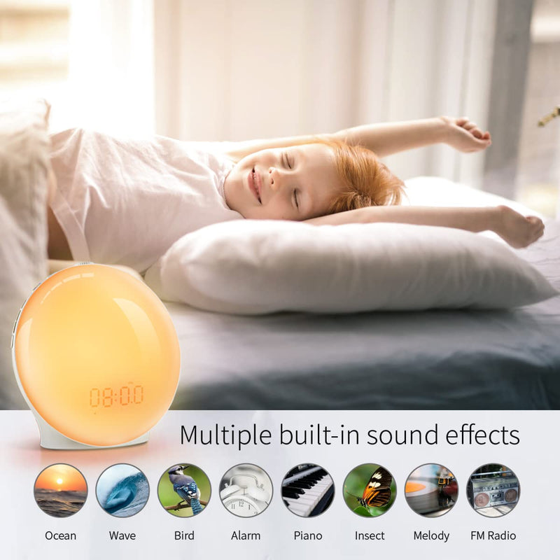  [AUSTRALIA] - Sunrise Alarm Clock, Wake Up Light Full Screen, Fluent Color No Shadow, 320 Lux Sunrise Simulation, Digital Alarm Clock for Bedrooms Radio Heavy Sleepers Adults Kids, 8 Nature Sounds & Snooze(1Pack)