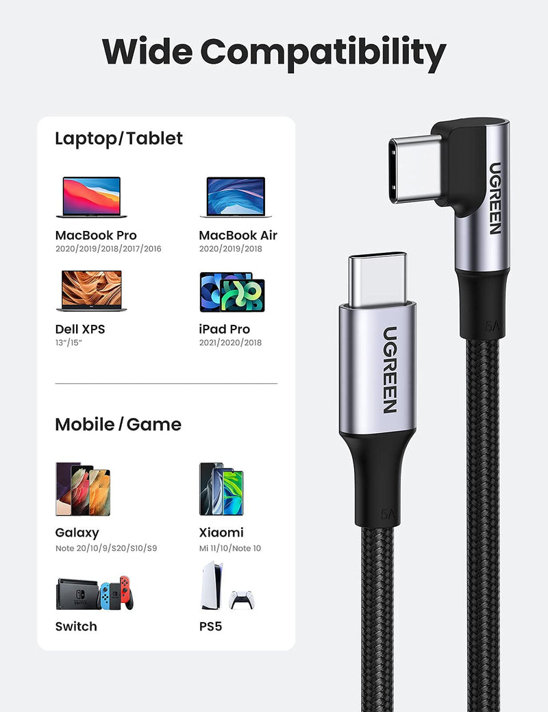  [AUSTRALIA] - UGREEN 100W USB C to USB C Cable 6FT - Right Angle USB C Fast Charging Cable 5A, Nylon Braided Compatible for MacBook Pro Air iPad Pro 2020 Chromebook Galaxy S21 S20 Note 20 Dell XPS Pixel LG 6 Feet