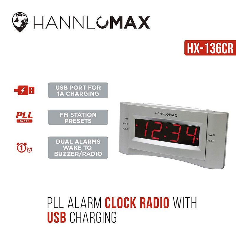 HANNLOMAX HX-136CR Alarm Clock Radio, PLL FM Radio, Dual Alarm. 0.9 inches Red LED Display, USB Port for 1A Charging (Silver) - LeoForward Australia