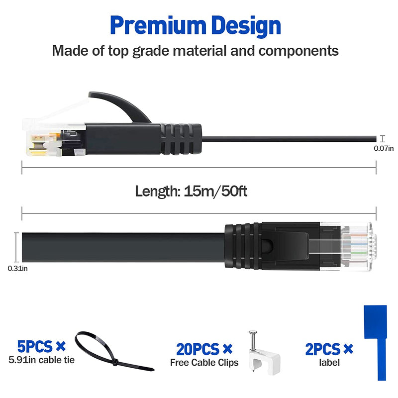  [AUSTRALIA] - Ethernet Cable, Cat 6 Ethernet Cable 50 ft Flat, udaton Durable Rj45 Internet Computer LAN Cable with Clips and Cable Tie, Outdoor Indoor Long High Speed for Gaming Switch Xbox IP Cam Modem-Black CAT 6 50 FT Black