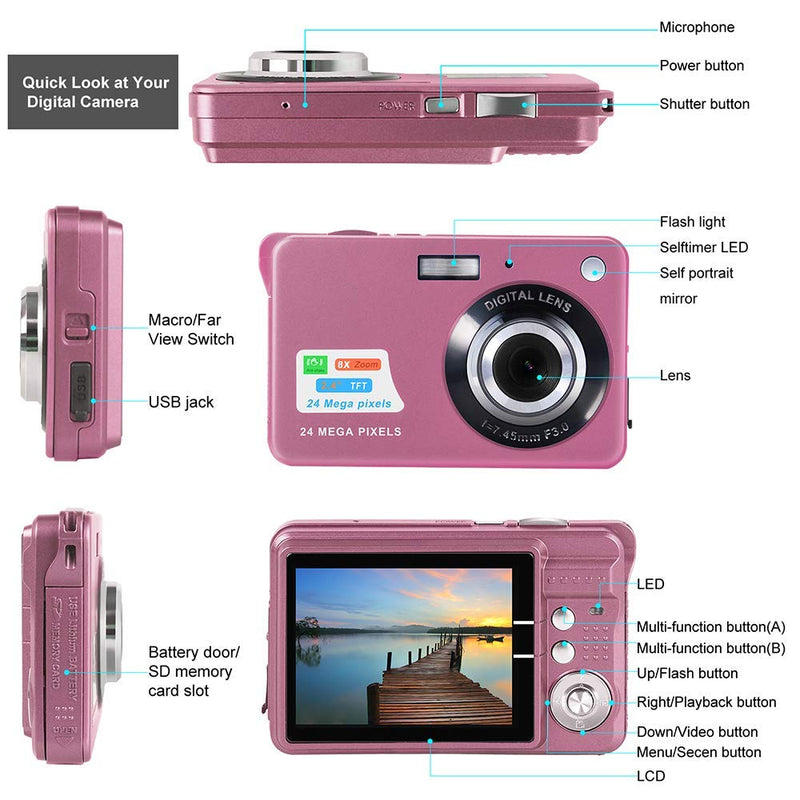 [AUSTRALIA] - Digital Camera,2.4 Inch FHD Pocket Cameras Rechargeable 24MP Camera for Backpacking with 8X Digital Zoom Compact Cameras for Photography with sd Card 32GB Pink