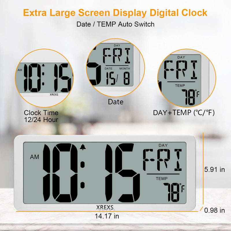  [AUSTRALIA] - XREXS Large Digital Wall Clock, Electronic Alarm Clocks for Bedroom Home Decor, Count Up & Down Timer, 14.17 Inch Large LCD Screen with Time/Calendar/Temperature Display (Batteries Included)