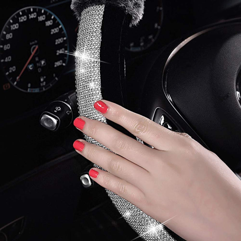  [AUSTRALIA] - EGBANG Car Steering Wheel Cover, Fur Bling Bling Rhinestone Auto Wheel Cushion Protector Luxurious Universal for Girls Lady Women (Black) Black