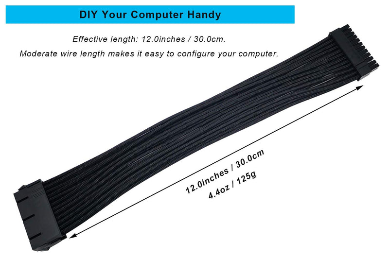  [AUSTRALIA] - ZLKSKER 24 Pin Motherboard Power Supply Sleeved Cable (12Inch, 18AWG), ATX PSU Extension Wire, 24 Pin Male (4+20) to 24 Pin Female