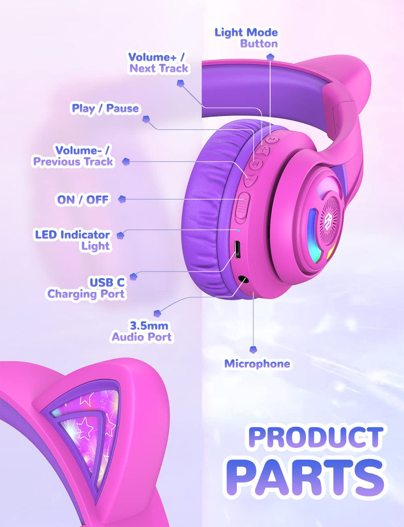  [AUSTRALIA] - iClever Cat Ear Kids Bluetooth Headphones RGB LED Light Up,45H Playtime, 74/85/94dB Volume Limited, Over Ear Foldable Wireless Kids Headphones with Microphone for iPad/Tablet/PC/TV Kids Teens, BTH13 Hot Pink