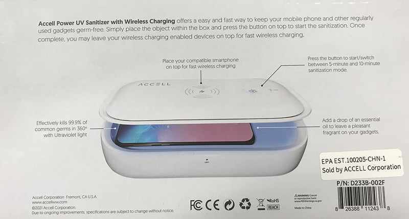  [AUSTRALIA] - Accell UV Light Sanitizer with 15W Wireless Charging - Deep Cleaning Sanitizer for Cellphones and Small Gadgets with Aroma Diffuser and a Wireless Charger for Qi Compatible Devices (D233B-002F)