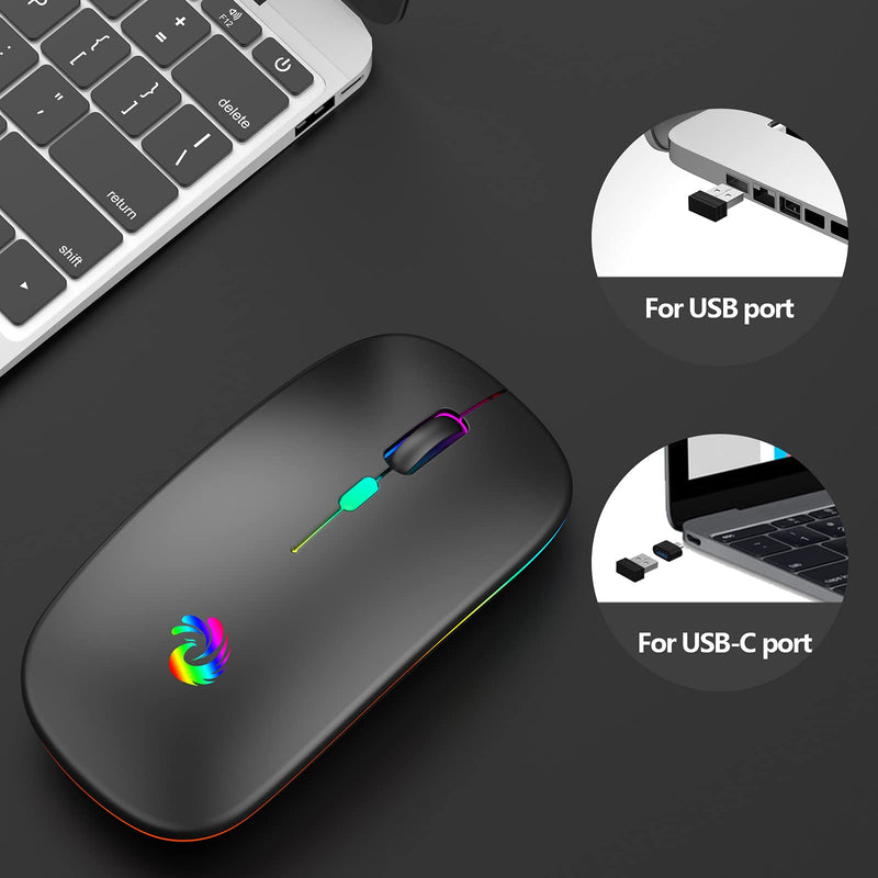  [AUSTRALIA] - LED Wireless Mouse, Rechargeable Slim Silent Mice 2.4G Portable Office Optical Mouse with USB Receiver and Type-C Adapter, 3 Adjustable DPI for Laptop, Computer, PC, Notebook, Desktop (Black) 221 Black