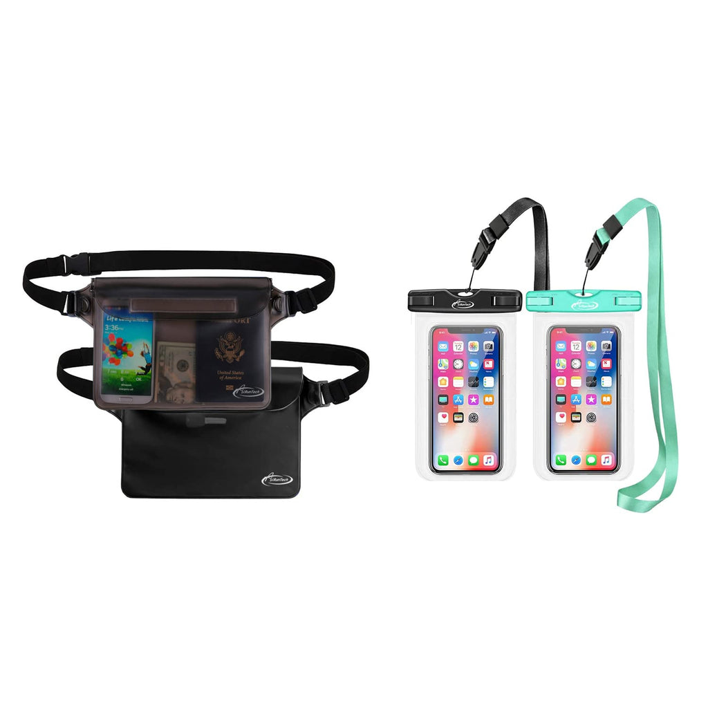  [AUSTRALIA] - AiRunTech Waterproof Pouch | Way to Keep Your Phone and Valuables Safe and Dry | for Boating Swimming Snorkeling Kayaking Beach Pool (2 Phone Cases(Green + Black)) + 2 Fanny Packs(Black+Gray)