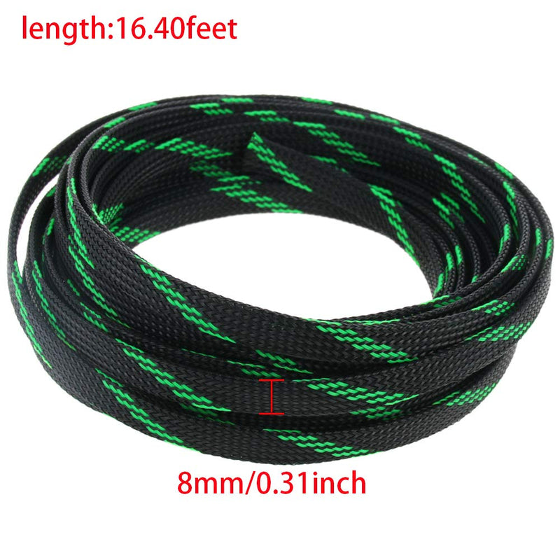  [AUSTRALIA] - Bettomshin 1Pcs 16.4Ft PET Braided Cable Sleeve, Width 8mm Expandable Braided Sleeve for Sleeving Protect Electric Wire Electric Cable Black Fluorescent Green