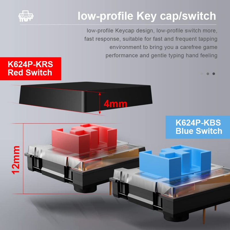  [AUSTRALIA] - Redragon K624 60% Low Profile Slim Mechanical Gaming Keyboard Wired/Wireless 2.4G and Bluetooth hot swappable Slient Red Switches Backlit RGB with White Black 2 Sets of Keycap