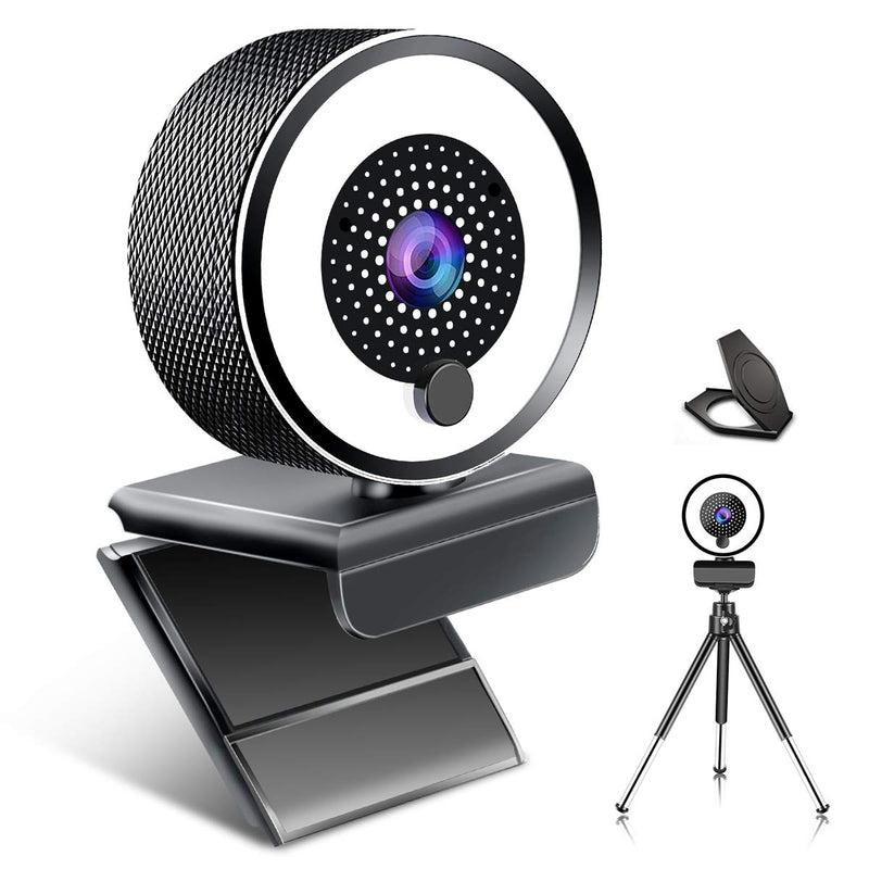  [AUSTRALIA] - 2K FHD Webcam with Ring Light and Microphone, Plug and Play Computer Web Camera, Auto-Focus Adjustable Brightness, Privacy Protection, USB Streaming Webcam for Zoom Skype PC Mac Laptop Desktop