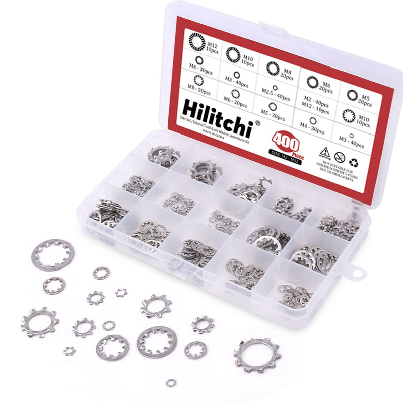  [AUSTRALIA] - Hilitchi 400-Pcs [8-Size] 304 Stainless Steel External Internal Tooth Star Lock Washers Assortment Kit - Included: M2 M3 M4 M5 M6 M8 M10 M12 Internal + External