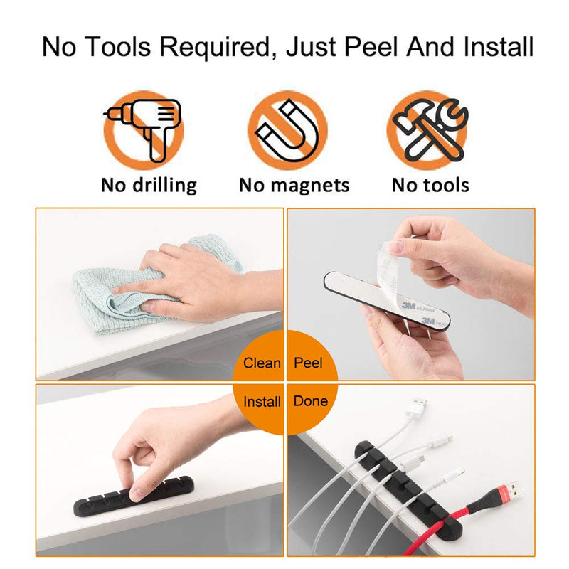  [AUSTRALIA] - Cable Organizer Clips Cord Holder - 5 Packs Self Adhesive Cable Management for USB Cable/Power Cord/Wire, Car and Desk, Home and Office (7-5-3-1-1 Slots) Black Cable Holder