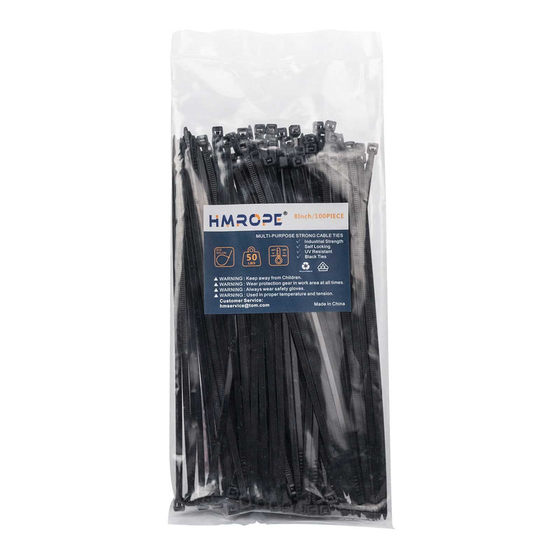  [AUSTRALIA] - HMROPE 100pcs Cable Zip Ties Heavy Duty 8 Inch, Premium Plastic Wire Ties with 50 Pounds Tensile Strength, Self-Locking Black Nylon Tie Wraps for Indoor and Outdoor