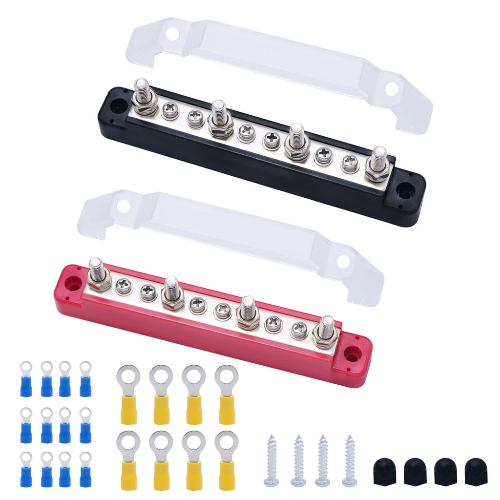  [AUSTRALIA] - 12V Bus Bar Power Distribution Block with Cover 4 x 1/4" Studs 6 x #8 Terminal Screws Marine Battery Bus Bar Terminal Block with Ring Terminals for Caravan RV Car Boat Marine (Red+Black)