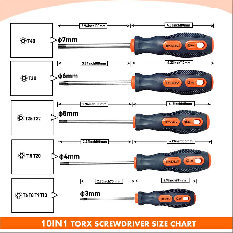  [AUSTRALIA] - Torx Screwdriver Set,TECKMAN 10 in 1 Magnetic Torx Security Screwdrivers with T6 T8 T9 T10 T15 T20 T25 T27 T30 T40 Long Bit for Stihl Saws,Dyson Vacuum,Motorcycle,Bicycles,Automobile and Dishwasher