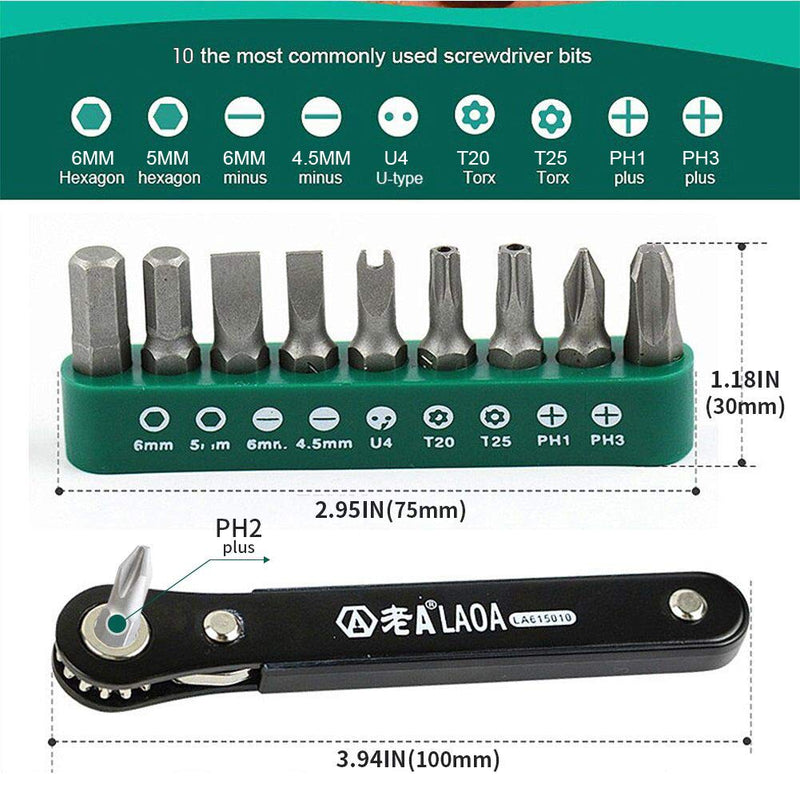  [AUSTRALIA] - LAOA 10pcs Mini Ratchet Bits Set Tight Space Torque Screwdriver Close Quarters 1/4 Micro EDC Tool Reversible Drive Handle