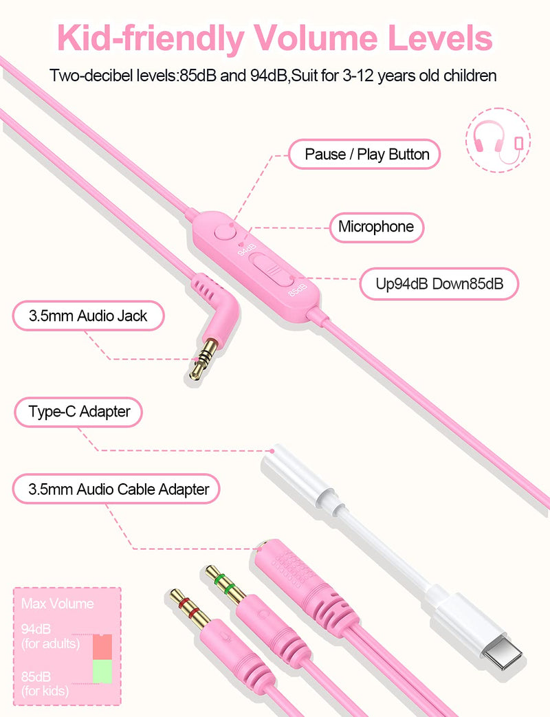  [AUSTRALIA] - Kids Headphones for School with Microphone New bee HD Stereo Safe Volume Limited 85dB/94dB Foldable Lightweight On-Ear Headphone for Girls/PC/Mac/Kindle/Tablet/Pad (Pink, Include USB-c Adapter) Pink