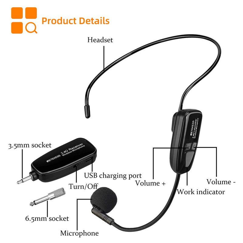  [AUSTRALIA] - Retekess TT123 Wireless Microphone Headset,2.4G Wireless Headset Mic System,164ft,Headset and Handheld 2 in 1,for Voice Amplifier,Window Speaker,PA System,Yoga Fitness(Incompatible Phone,Laptop)