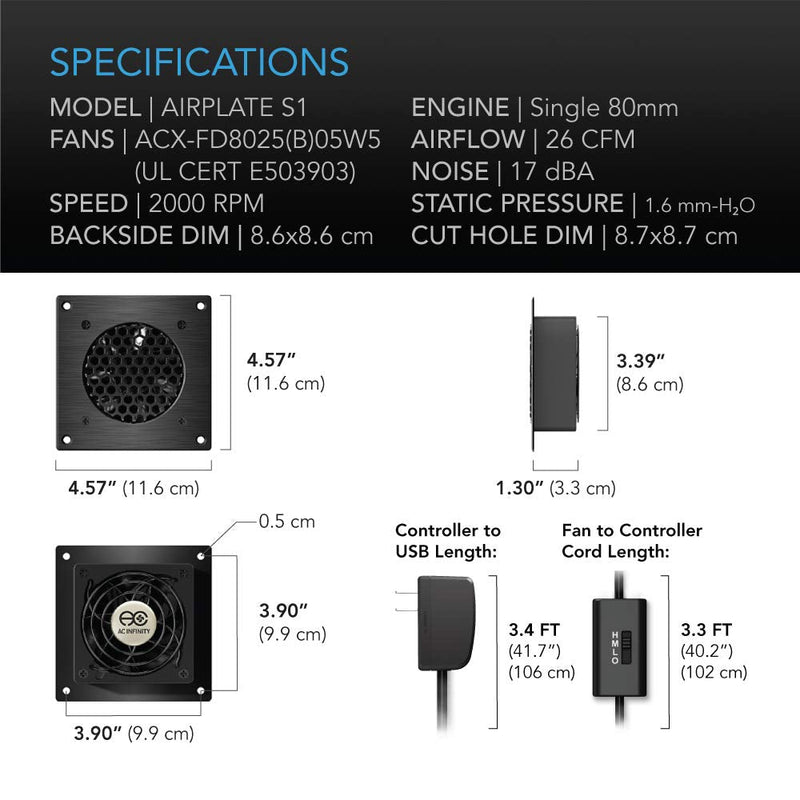  [AUSTRALIA] - AC Infinity AIRPLATE S1, Quiet Cooling Fan System 4" with Speed Control, for Home Theater AV Cabinets Single 80