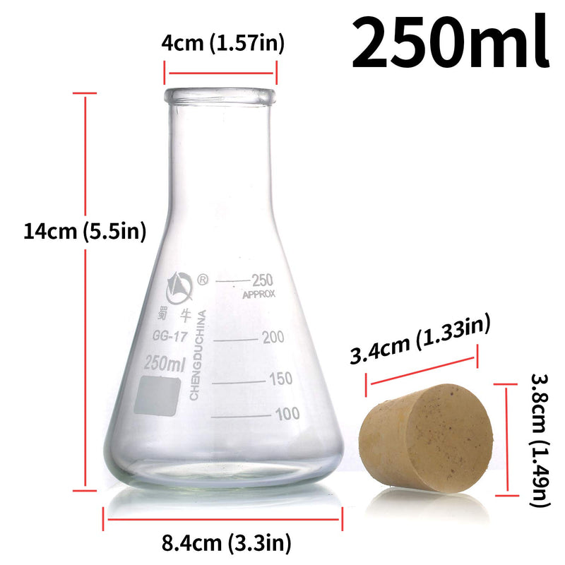 Young4us Glass Erlenmeyer Flask Set, (250 ml, 150 ml & 50 ml) Graduated Borosilicate Glass Erlenmeyer Flasks with Rubber Stoppers & Accurate Scales for Lab, Experiment, Chemistry, Science Studies etc - LeoForward Australia