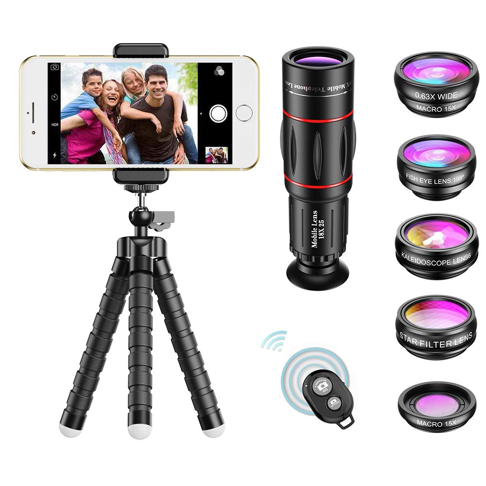  [AUSTRALIA] - Phone Camera Lens with 18x Telephoto Lens+Fisheye,Macro/Wide Angle Lens+Star,Kaleidoscope Filter+Tripod and Shutter 8 in 1 Cell Phone Lens Kit Fit For iPhone and other Smartphone