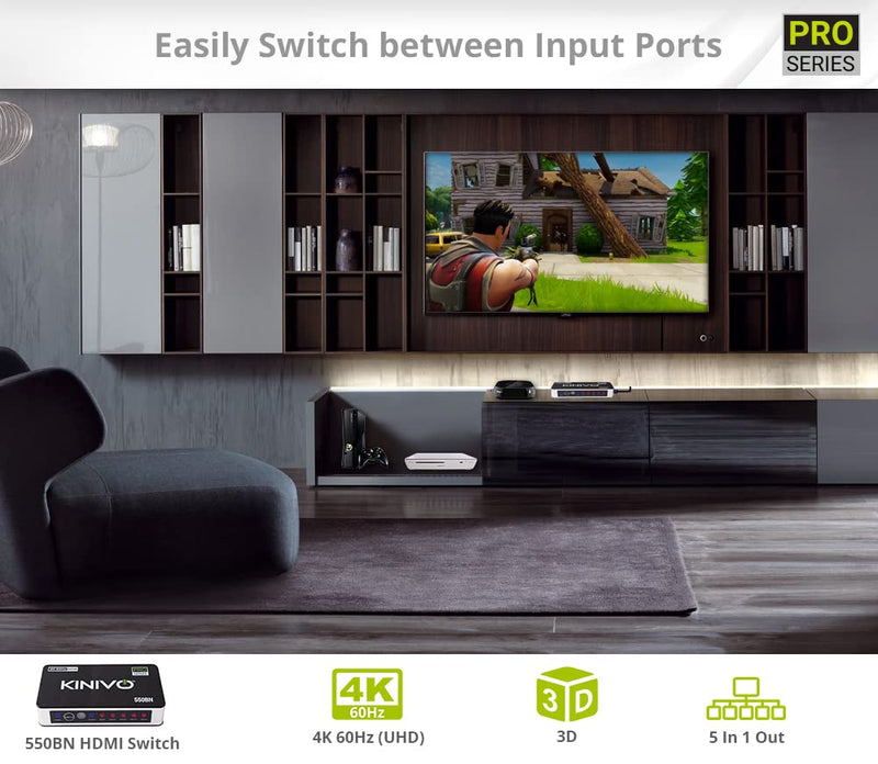  [AUSTRALIA] - Kinivo HDMI Switch 4K HDR (5 Port, 4K 60Hz, HDMI 2.0, High Speed-18Gbps, IR Remote) - Compatible with Roku, PS5/PS4, Xbox, Apple TV, Blu-ray Player, Cable Box 4K - 5 Port